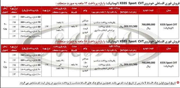 فروش اقساطی خودرو X33S CVT و X33S Sport CVT